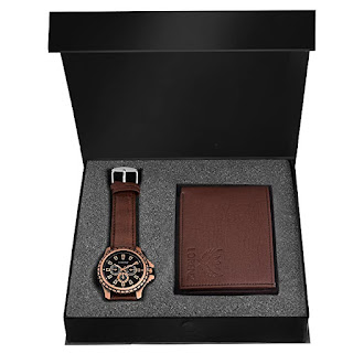 LORENZ Luxury Brown Leather Men's Wallet and Watch Combo Set (5G-CUHL-XQAR)