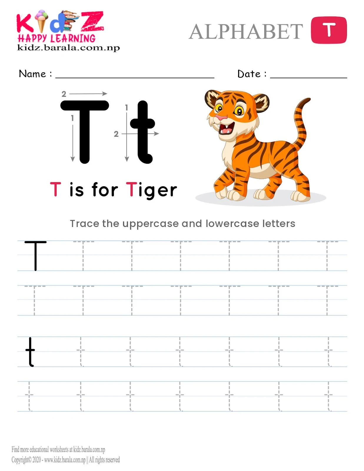 Alphabet T tracing worksheet free download .pdf