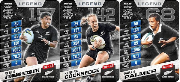 Weet-Bix Cards 2023 Legend Cards Black Ferns Renee Woodman-Wickliffe #38, Kendra Cocksedge #39 and Farah Palmer #40 Stat Attack