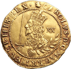 British Gold Coins Unite 20 Shillings or One Pound 1644 King Charles I