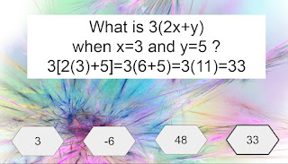 What is 3(2x+y)  when x=3 and y=5 ? 3[2(3)+5]=3(6+5)=3(11)=33