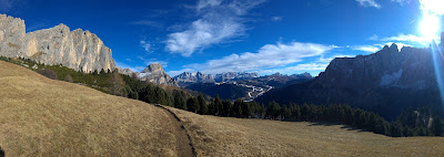 Views back toward Colfosco and Corvara with the Gruppo delle Cunturines.