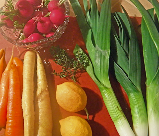 Whole Leeks, Radishes, Carrots, and Lemons