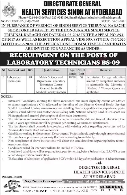 Govt Jobs in Lab Technician Jobs in Health Department Sindh 2021 Latest Govt Jobs