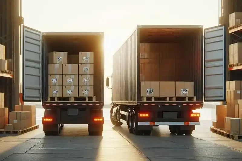 dois caminhões baús na porta de um galpão com as portas abertas aguardando a descarga de caixas