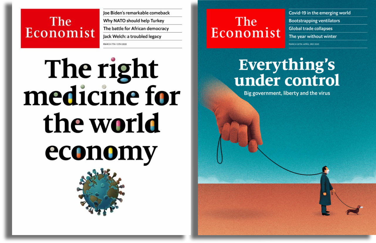 Portadas significativas de la revista The Economist durante la primera ola de la pandemia del coronavirus.