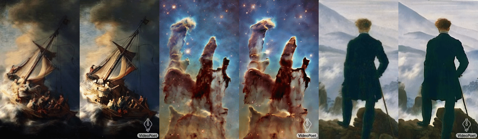 这是一个图像到视频的转换示例，其中运用了文本提示来指导动画的动作。每个视频的左侧都配有一张图像。左边：描述的是“一艘船在雷暴和闪电中航行的动态油画”。中间：展现的是“穿越星云，四周闪烁着无数星星的场景”。右边：描绘的是“一个行者站在悬崖上，手持手杖，俯瞰着下方蔓延的海雾，周围风景壮观”。参考资料：维基共享资源，属于公共领域。