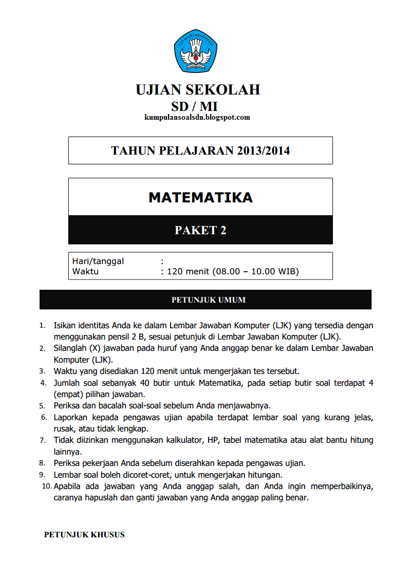 Kisi SoalYang saya Susun Untuk Pengunjung   Prediksi US dan Kunci Matematika Kelas 6 SD Paket 2 UAS II TA 2013/2014 Kumpulan Soal SD