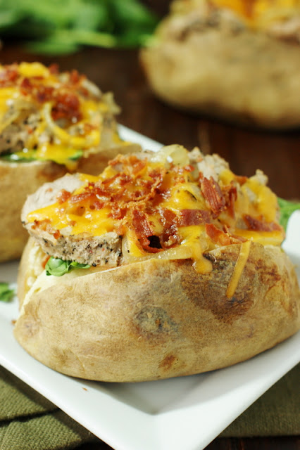 "Porkinator" Marinated Pork Loaded Baked Potatoes ~ a fabulously different & tasty way to enjoy pork tenderloin for dinner! #SmithfieldPork #ad  www.thekitchenismyplayground.com