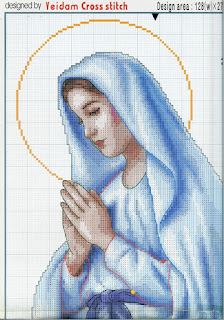 Schema da stampare su carta a quadretti per realizzare questo bellissimo quadro ricamato a punto croce con Madonnina dalla veste azzurra