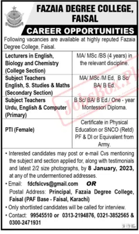 Fazaia Degree College PAF Base Faisal Karachi Jobs 2023 - Latest Advertisement