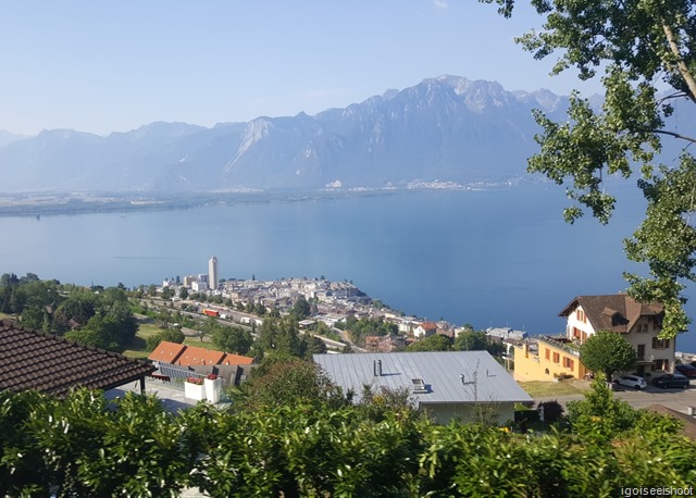 View of Montreux and Lake Geneva from the GoldenPass Panoramic train.