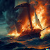Painting of sail ship burning and sinking in deep ocean