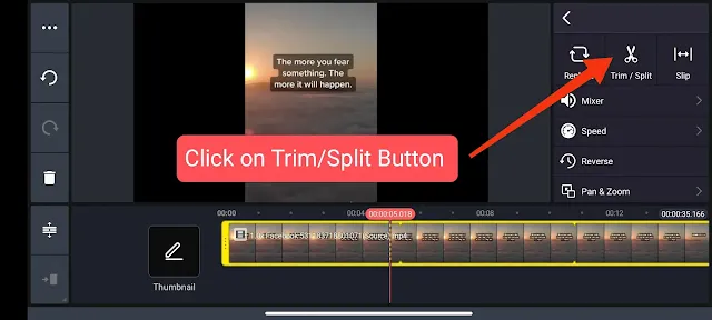 click on trim and split button in kinemaster