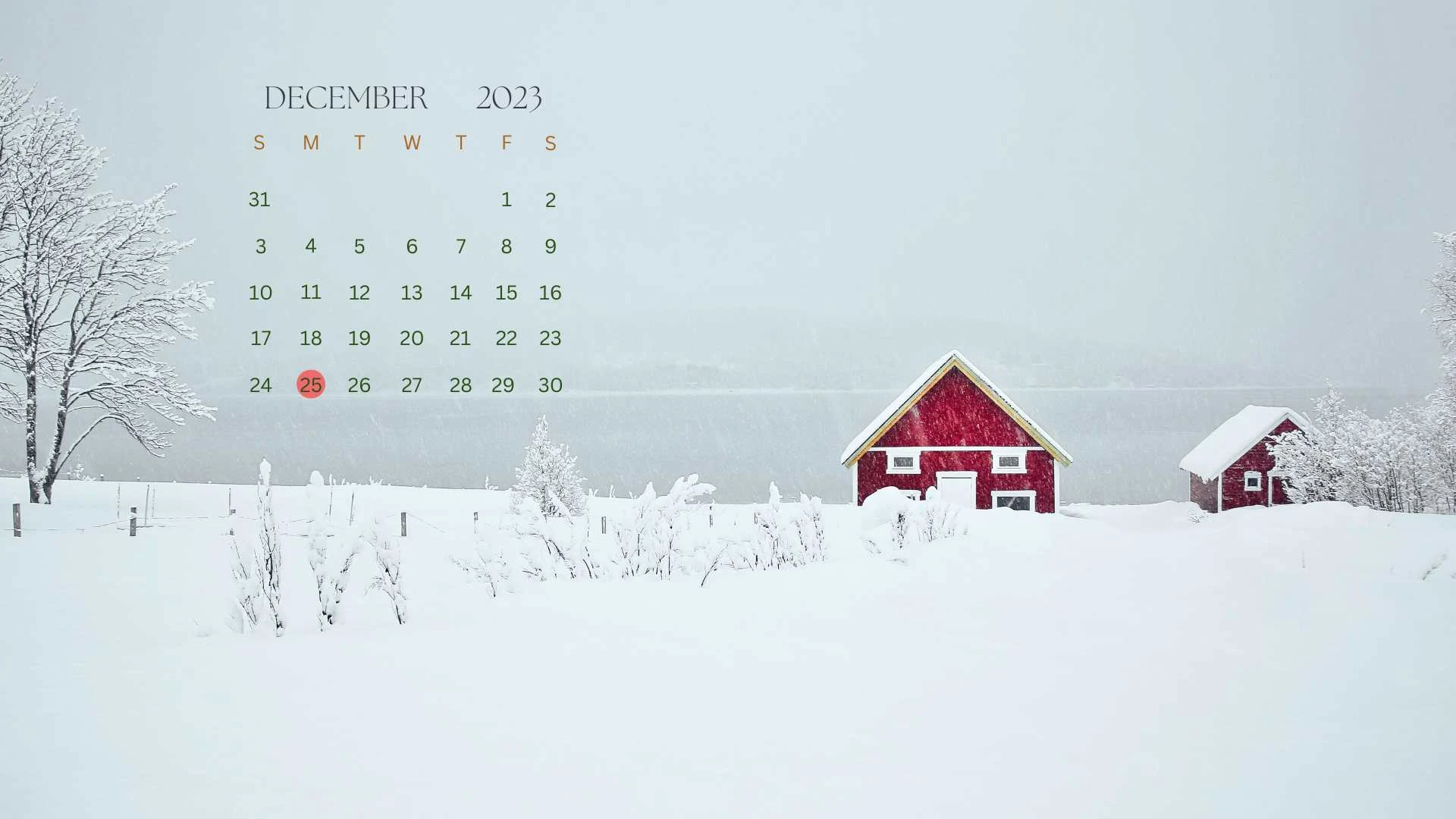 december 2023 winter theme calendar wallpaper