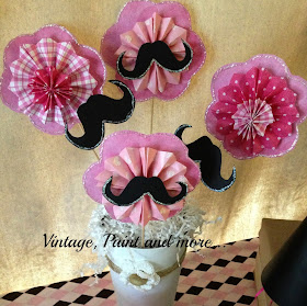 Vintage, Paint and more... small pinwheel flower bouquet made with scrapbook paper, glittered mustaches, tin vase and burlap