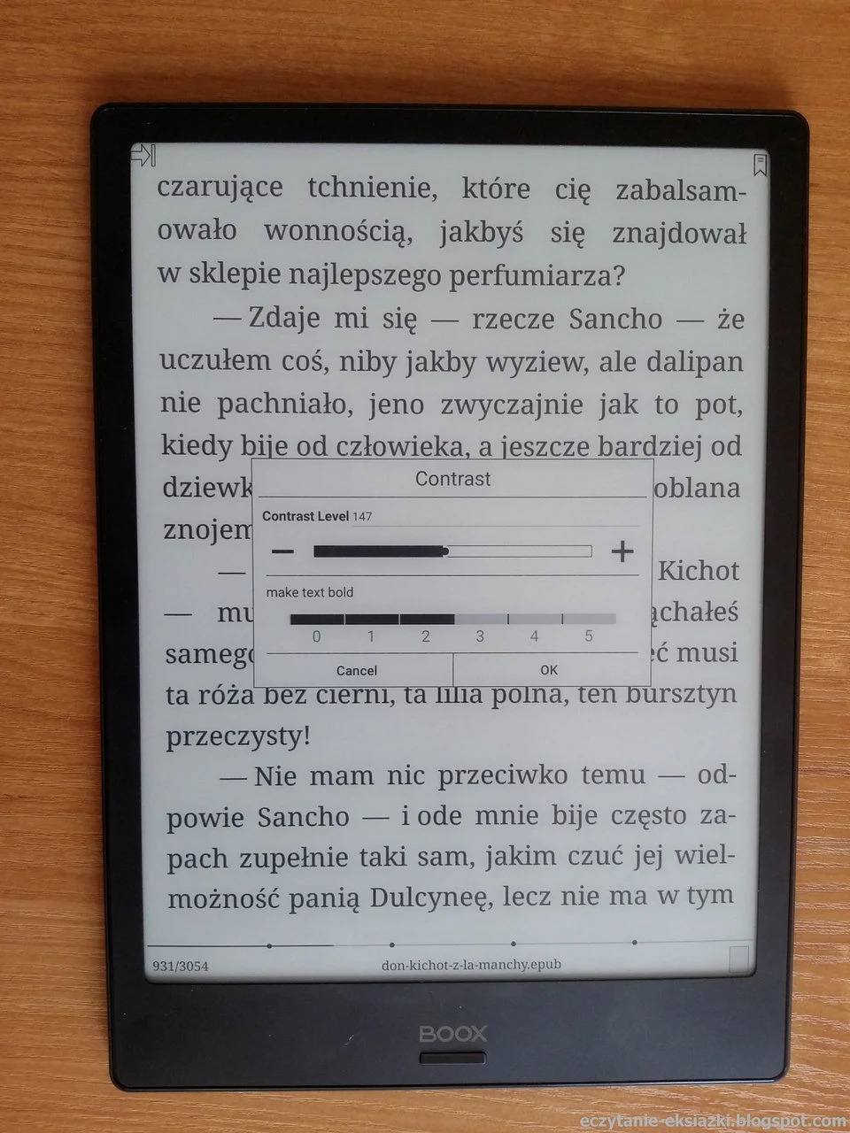 Onyx Boox Note - ustawienia kontrastu i grubości czcionki