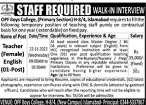 OPF Boys College Islamabad Jobs 2023 Walk in interview