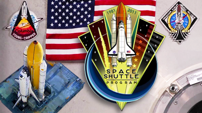 Atlantis – STS135 – Space Shuttle Programme Logo and an image of the Shuttle on its transporter. In the background, patches of the first Mission STS-1 and the last Mission STS-135 next to the American flag that was present in both, now secured on the entry hatch of the International Space Station. NASA-TV 2011.