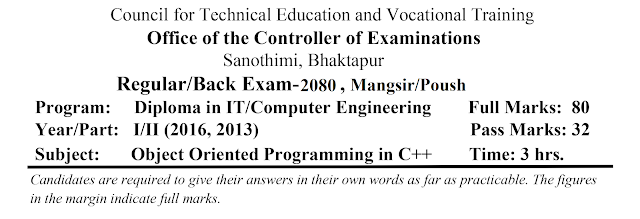 OOP in C++  :-  2080 (Old + Very Old) Question Paper of Second Semester - DCOM/IT  ,Old Course Question Paper, 2nd Sem