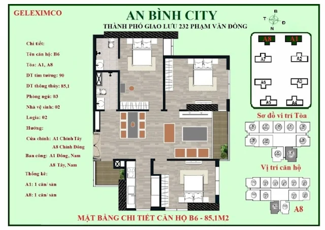 Mặt bằng thiết kế căn hộ B6 - 85m2 An Bình City