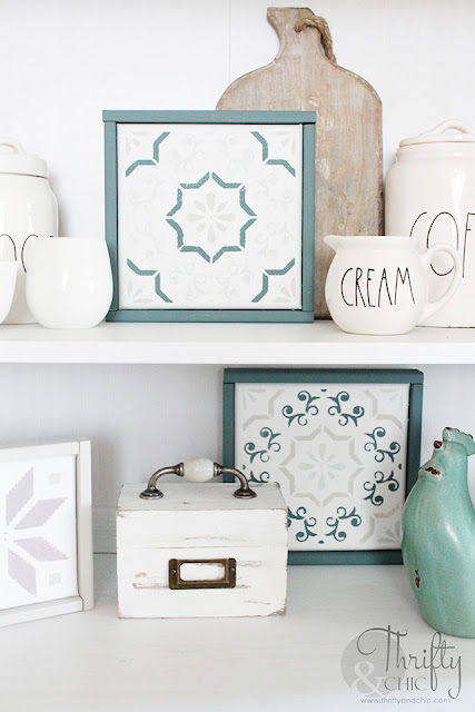 DIY Stenciled tile tutorial. How to stencil tile. DIY cement tile stenciling. Canvas stenciled tile decor. Hutch decor and decorating ideas