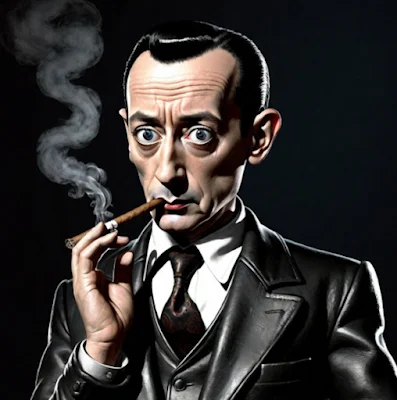 Cartoon like character of Pee-wee Herman wearing a black leather blazer and smoking a cigar big eyes