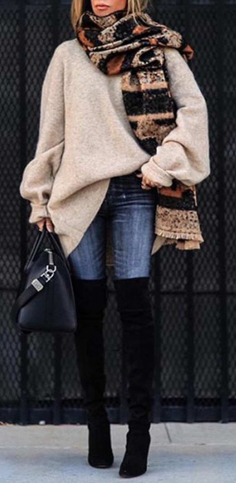 amazing outfit for this winter : scarf + oversized sweater + bag + skinnies + over knee boots