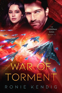 Book cover of War of Torment is illustrated with silver space fighters soaring over a planet with a red background
