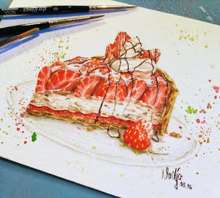 strawberry cake watercolor drawing