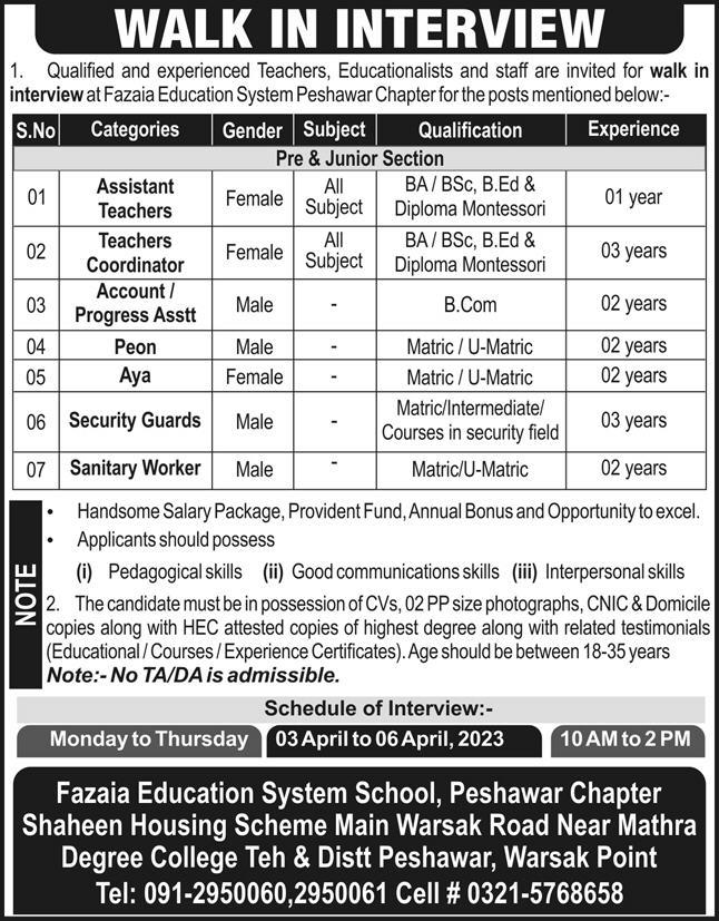 Fazaia Education System School Teaching Posts Peshawar 2023