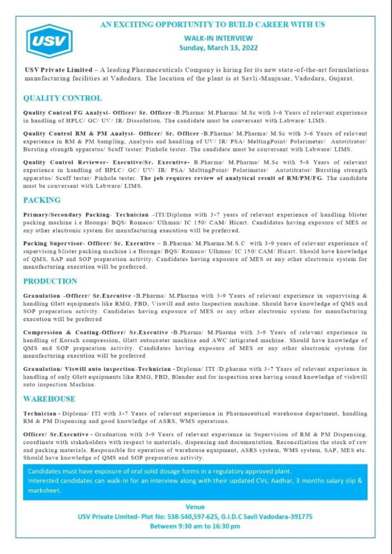 Job Availables,USV Private Limited Walk-In-Interview For B.Pharm/ M.Pharm/ MSc/ D.Pharm/ Diploma/ ITI/ Graduate