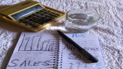 Home business work station, with a calculator, glass of water, notepad and pen.