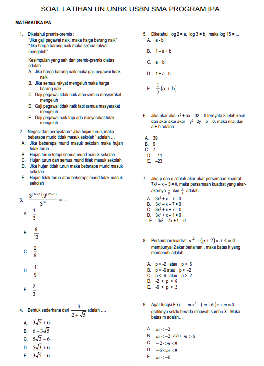 Soal Dan Jawaban Latihan Un Unbk Usbn Matematika Sma Program Ipa
