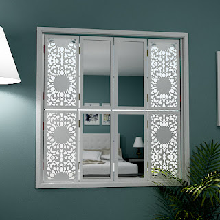 Tier on tier mirror window shutters with Nottingham Lace grilles