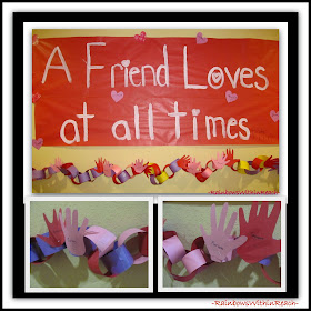 Valentine's Day Bulletin Board with Cut-Out Hand Prints via RainbowsWithinReach