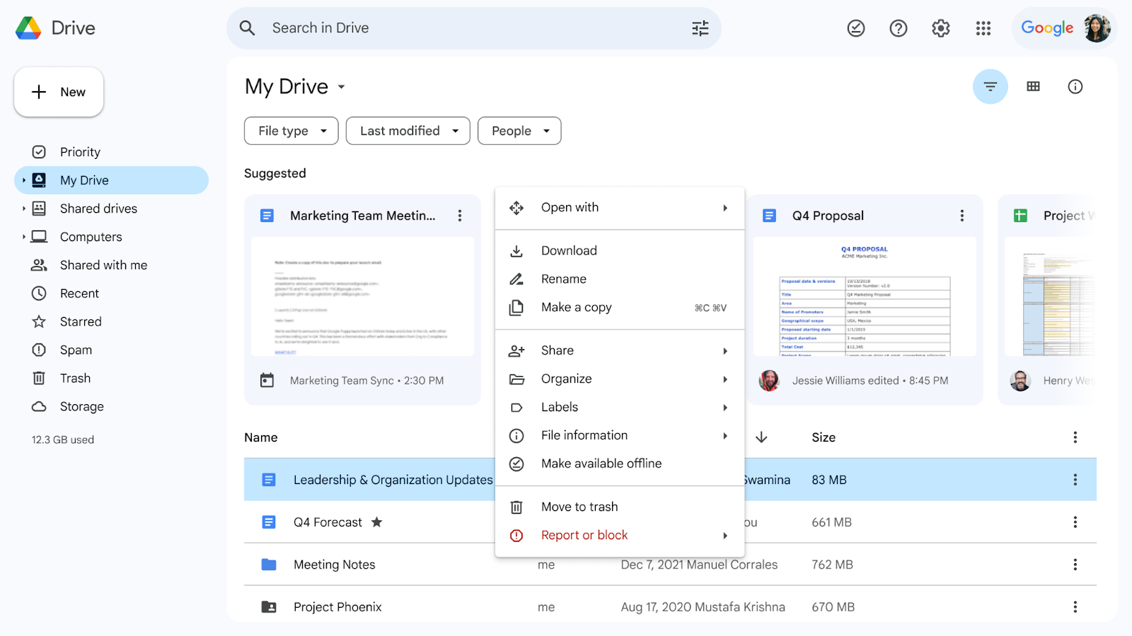 Reorganización del formato del menú contextual en Google Drive