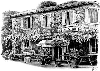 bar restaurant la Boucharade. dessin au crayon