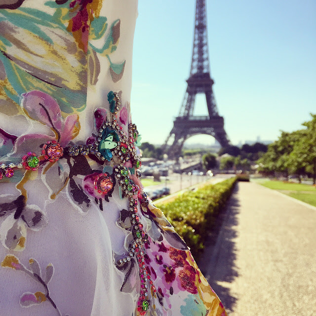 Teri Jon Floral-Print Crystal Embellished Dress , Rickie Freeman for Teri Jon, eiffel tower, trocadero, jetset, travel, fashion blog, paris, romantic, outfit