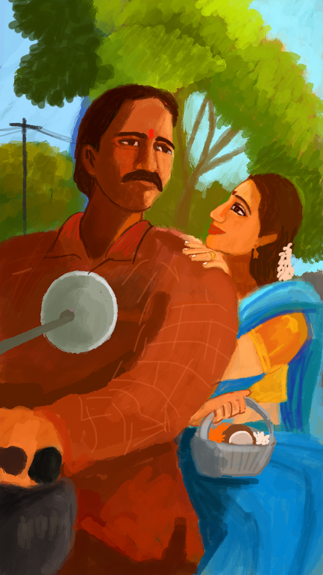 Devotional Journey: Village Couple Riding to the Temple on a Motorbike