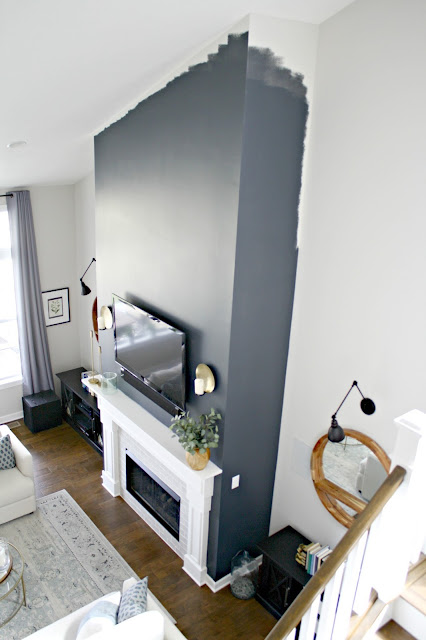 Two story fireplace wall in dark blue/gray