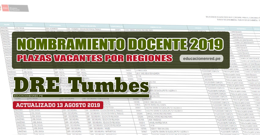 DRE Tumbes: Plazas Vacantes para Nombramiento Docente 2019 (.PDF ACTUALIZADO MARTES 13 AGOSTO) www.dret.edu.pe