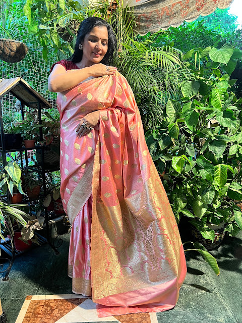 Peachish pink mushroo silk saree