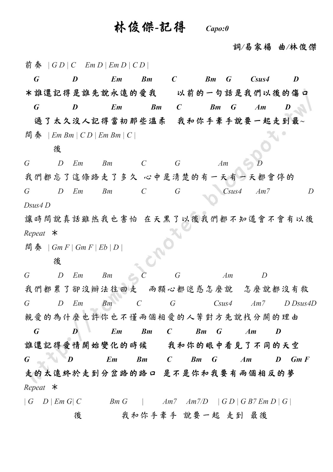 亭竹的音樂工作室: 林俊傑-記得 吉他譜