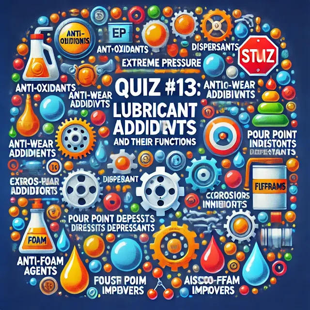 Test your knowledge of lubricant additives and their functions with Quiz #13! This quiz covers key topics like anti-oxidants, extreme pressure (EP) additives, anti-wear agents, dispersants, corrosion inhibitors, friction modifiers, and more. Perfect for automotive enthusiasts, engineers, and anyone interested in lubrication technology. Learn about the roles of different additives in preventing oxidation, reducing friction, enhancing engine cleanliness, and protecting against corrosion. Take the quiz to challenge yourself and deepen your understanding of lubricant chemistry!