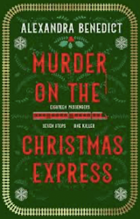 The front cover of Murder on the Christmas Express. The writing is in a red font on a green background. There are white snow flake shapes in each corner.