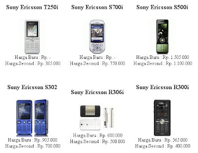 Harga handphone sony ericsson mei 2010