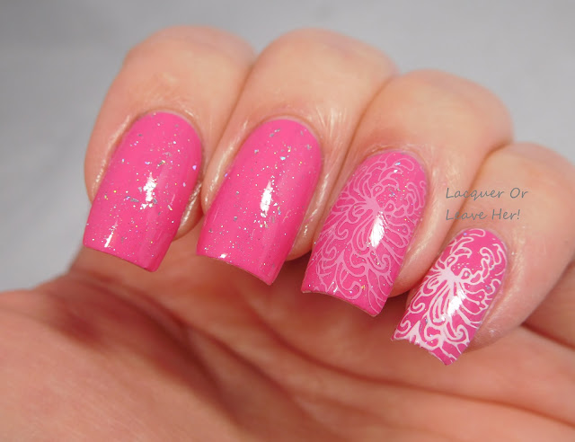 Messy Mansion MM46 stamped over daniPro My Girl Pure Pink + Spellbound Nails Comet