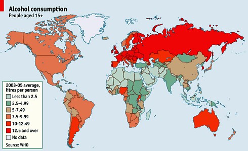 Карта потребления алкоголя в мире