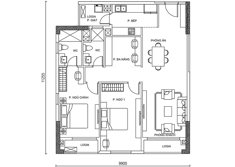 Thông số chi tiết căn hộ 2 phòng ngủ DT: 98,7m2